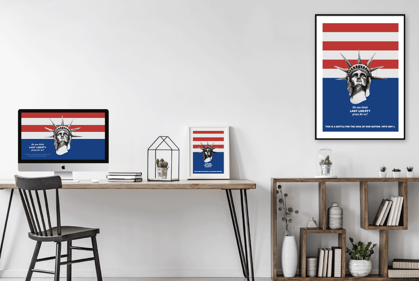 posters and desktop wallpaper in office