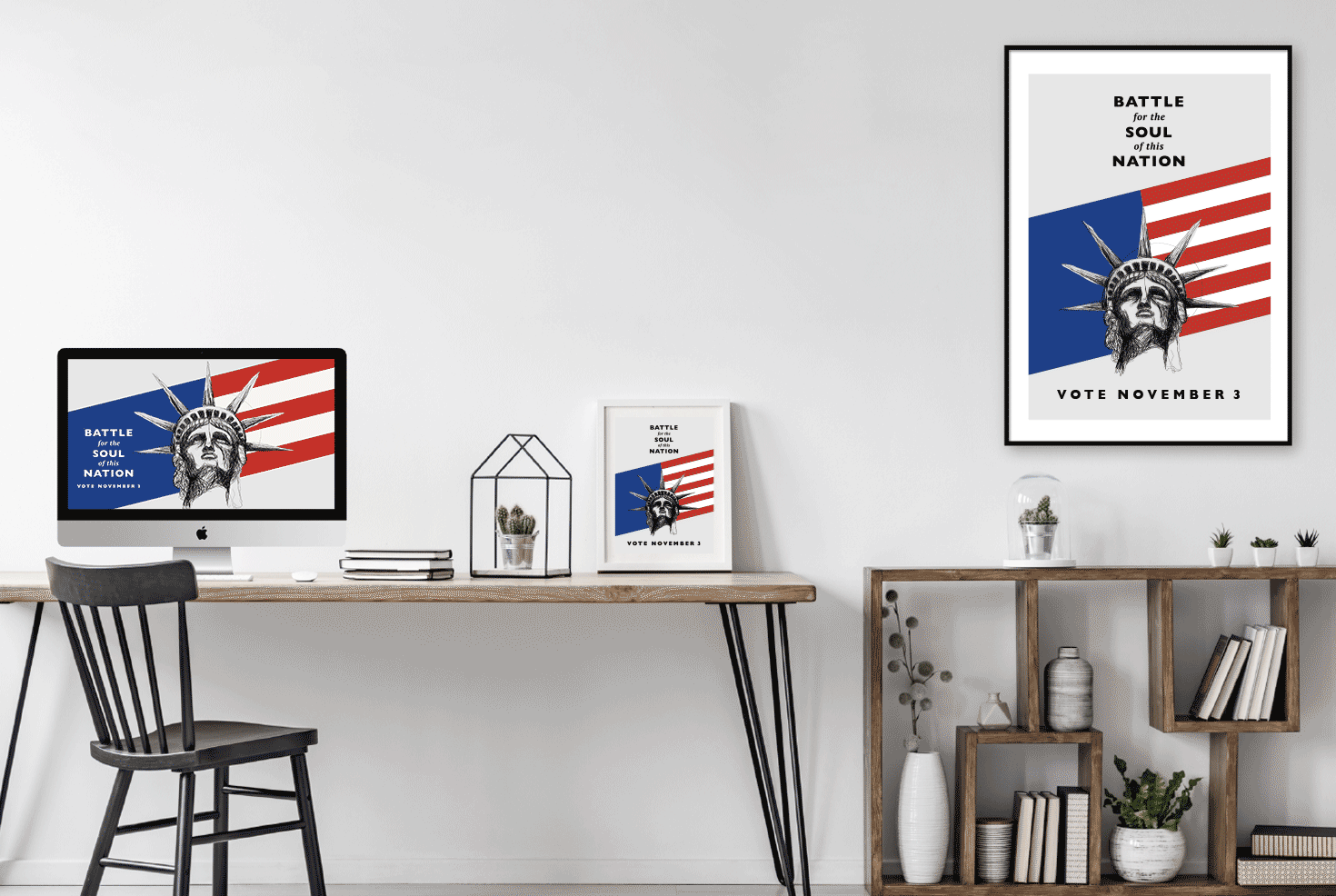 posters and desktop wallpaper in office
