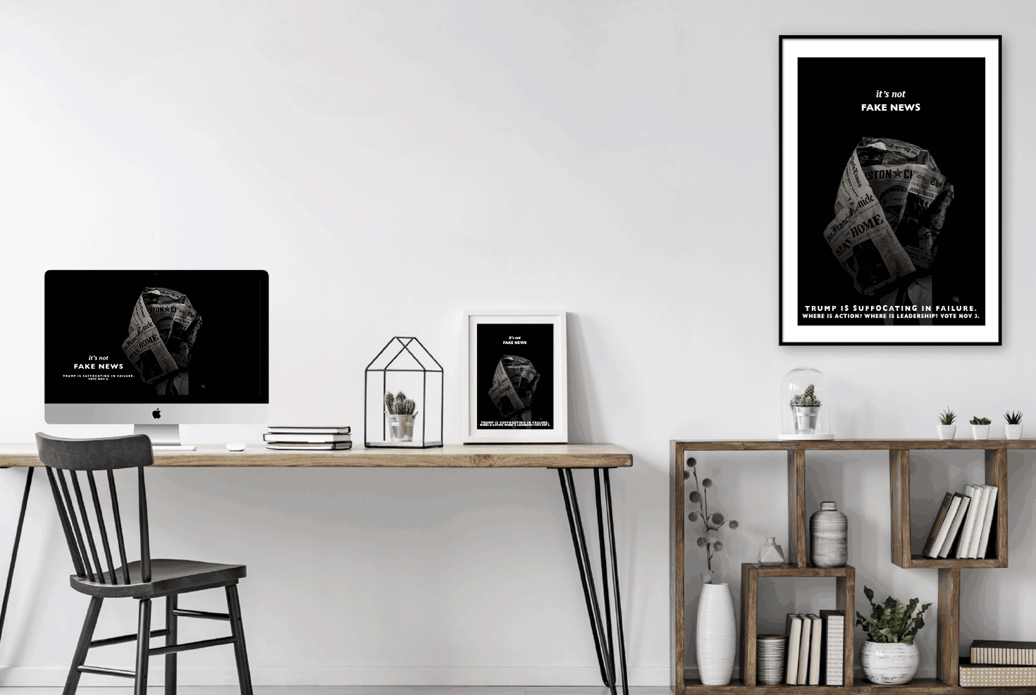 posters and desktop wallpaper in office