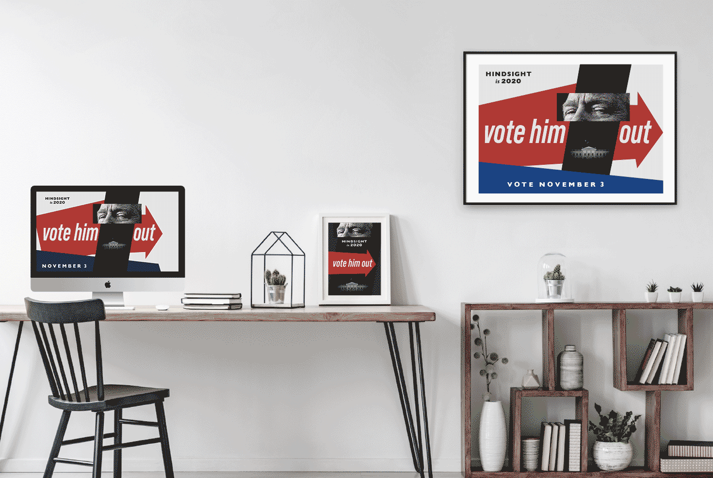 posters and desktop wallpaper in office